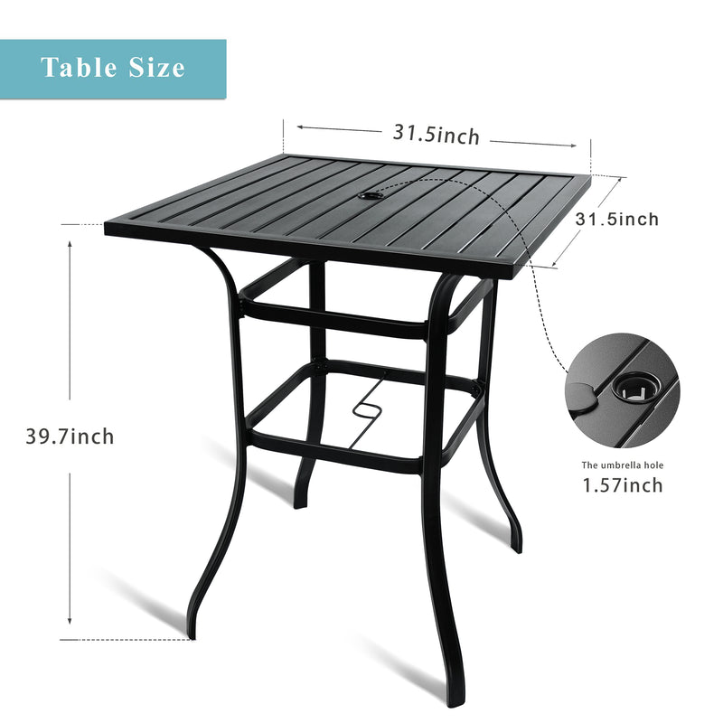 Bigroof Patio 31.5" x 31.5" Large Square High Bar Table with Wood Like Top, 1.57" Umbrella Hole and Metal Frame for 2 or 4 Person