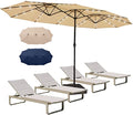 Bigroof 15ft Double-Sided Patio Umbrella with 36 LED Solar Lights, Twin Extra Large Umbrella with Crank Handle & Umbrella Base for Garden Market Pool Backyard