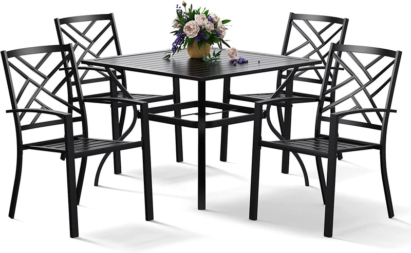 Bigroof 5 Piece Metal Outdoor Patio Dining Sets for 4, Stackable Chairs and Steel 37" Square Table with Umbrella Hole