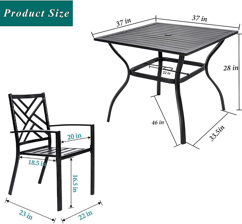 Bigroof 5 Piece Metal Outdoor Patio Dining Sets for 4, Stackable Chairs and Steel 37" Square Table with Umbrella Hole