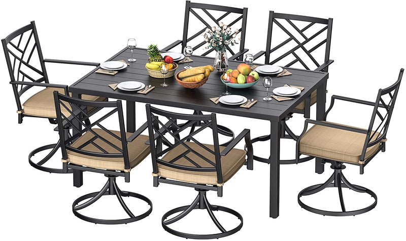 Bigroof 7 Piece Metal Outdoor Patio Dining Sets for 6, Swivel Chairs with Cushion and Steel 60" Rectangle Table with Umbrella Hole