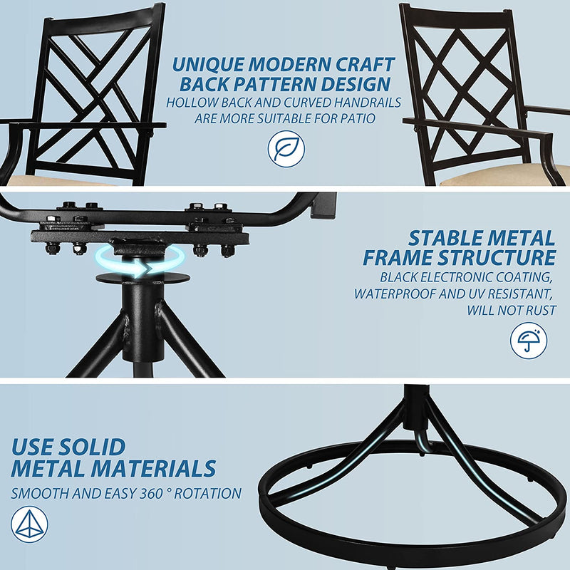 Bigroof 5 Piece Metal Outdoor Patio Dining Sets for 4, Swivel Chairs with Cushion and Steel 37" Square Table with Umbrella Hole