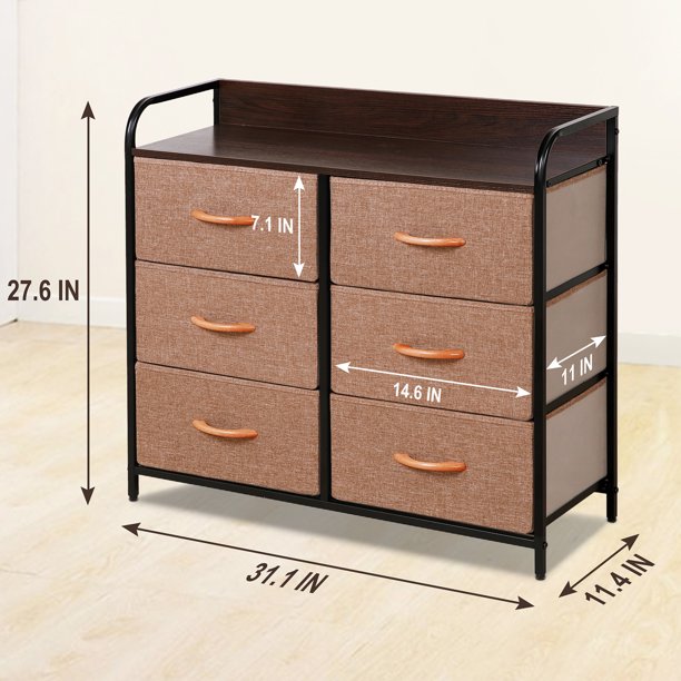 Bigroof 6 Drawer Double Dresser Chest Storage Cabinet for Livingroom, Bedroom Fabric Brown